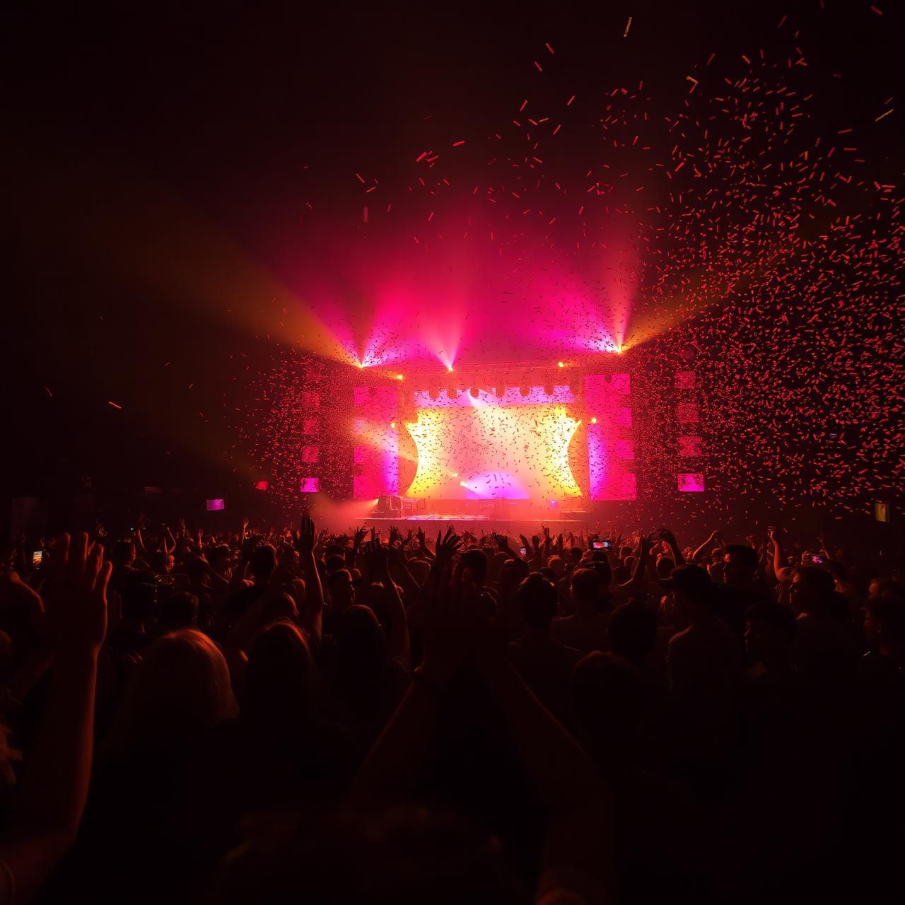 Crowd under stage lights with confetti