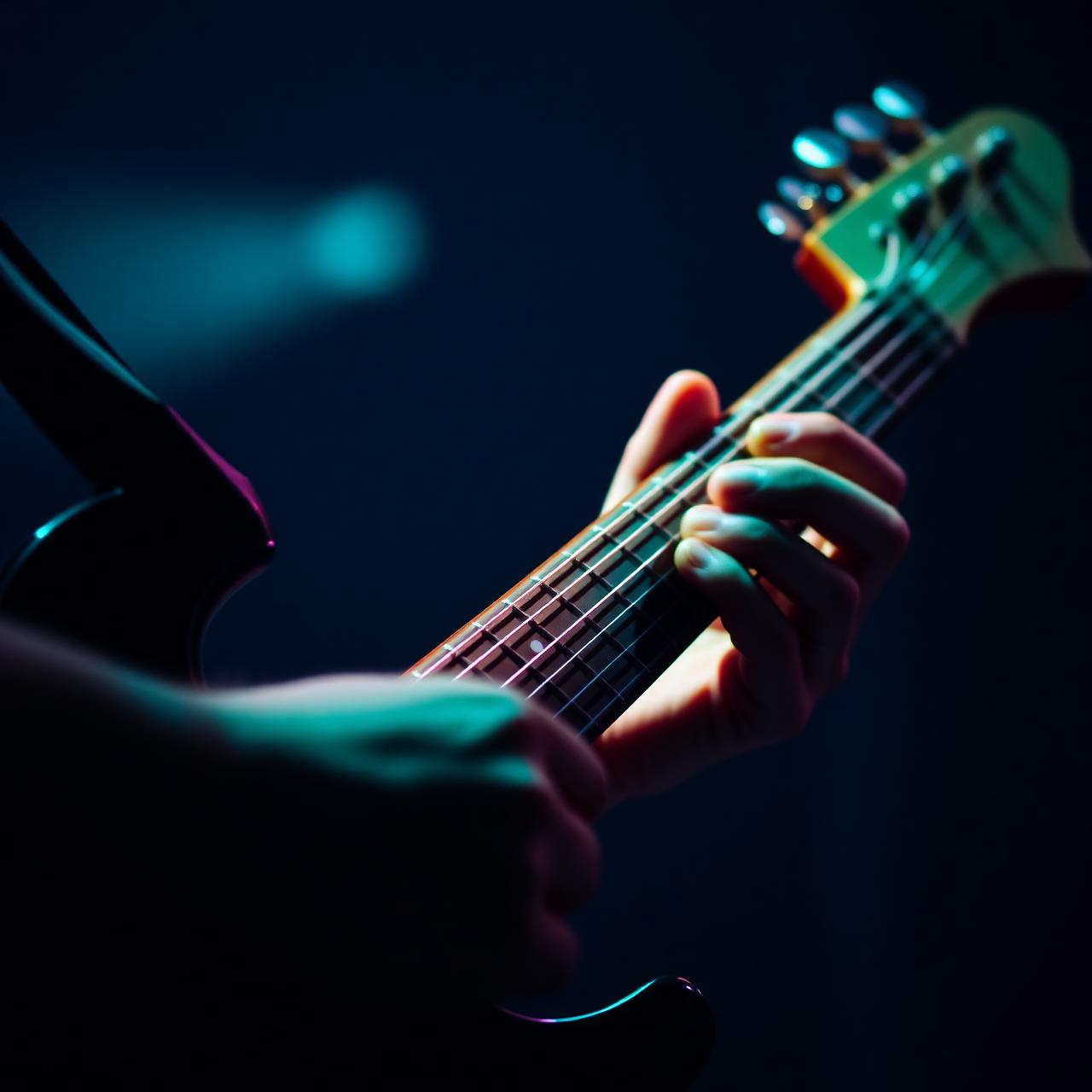Guitarist hands close-up under teal light